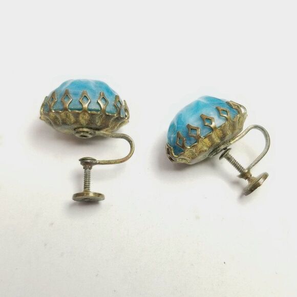 Vintage Blue Oval Cabochon Clip On Earrings, Screw Backs, Retro 60s Style - Picture 4 of 7